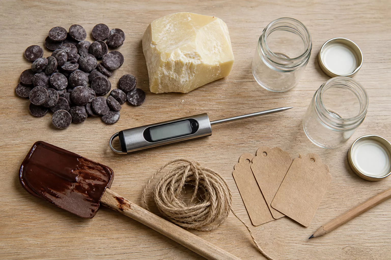 Zutaten und Werkzeug für selbstgemachte Geschenke im Flatlay