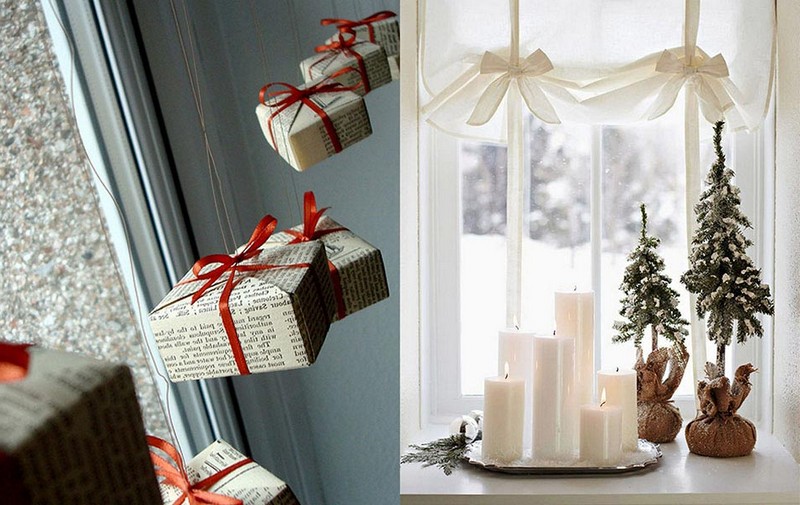 fenster deko weihnachten fensterbank dekorieren girlande mit geschenkkesten weiße kerzen