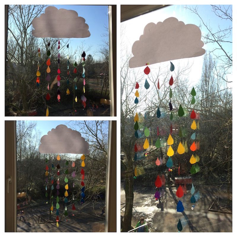 fensterdeko herbst bunte regentropfen und wolke aus papier girlande