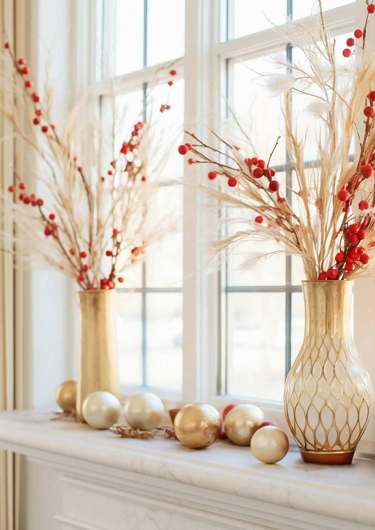 herstdeko fenster ideen vasen mit herbstpflanzen und trockenen graesern