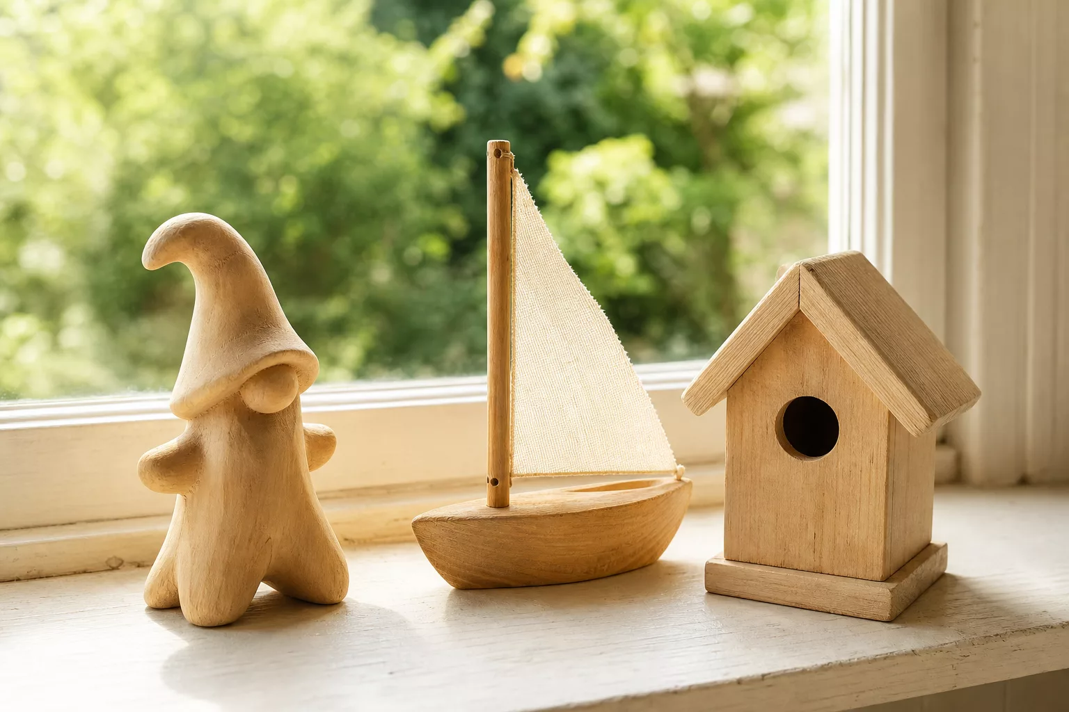 Holzfigur, Segelboot und Nistkasten: mögliche Ergebnisse beim Basteln mit Kindern