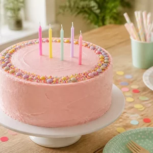 Selbstgemachte Buttercremetorte für den Kindergeburtstag auf gedecktem Partytisch
