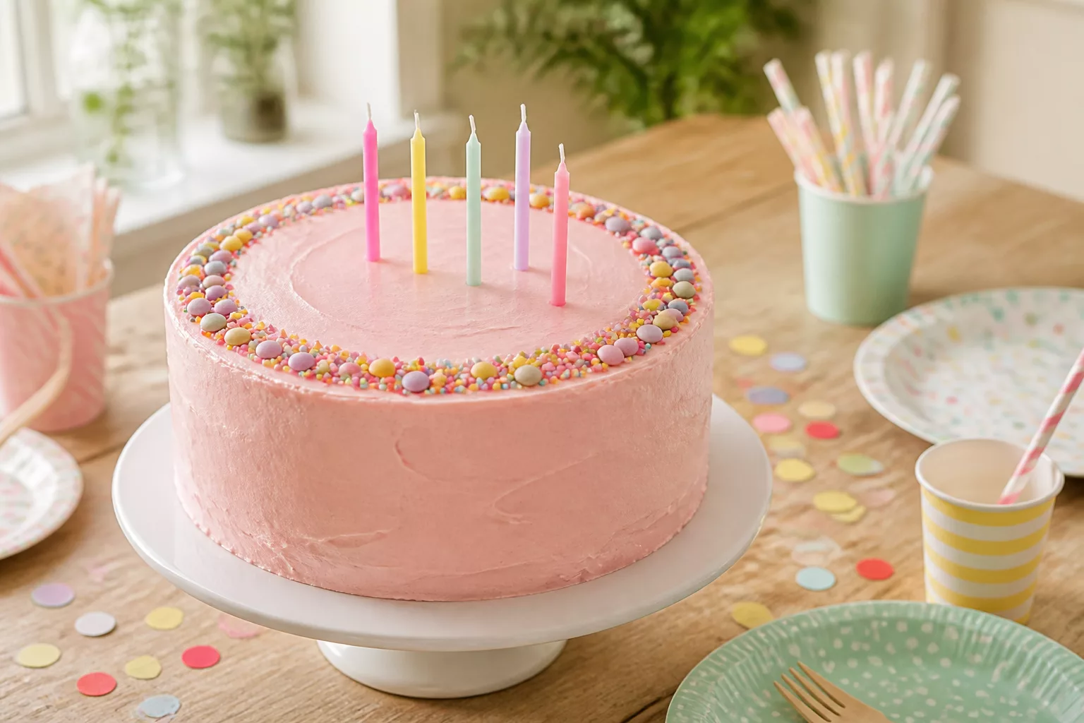 Selbstgemachte Buttercremetorte für den Kindergeburtstag auf gedecktem Partytisch