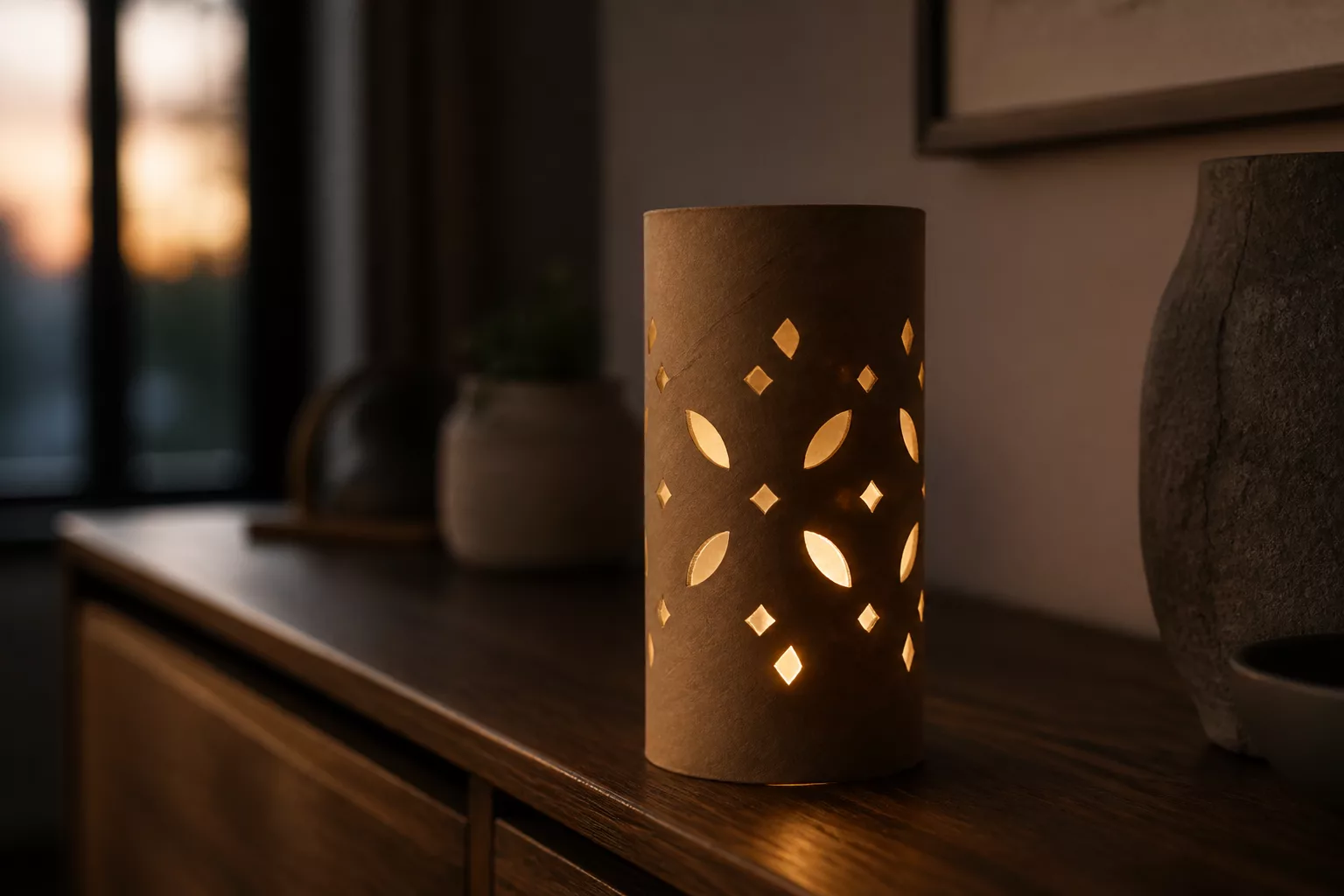 Windlicht aus Klorolle mit LED-Teelicht auf einem Sideboard