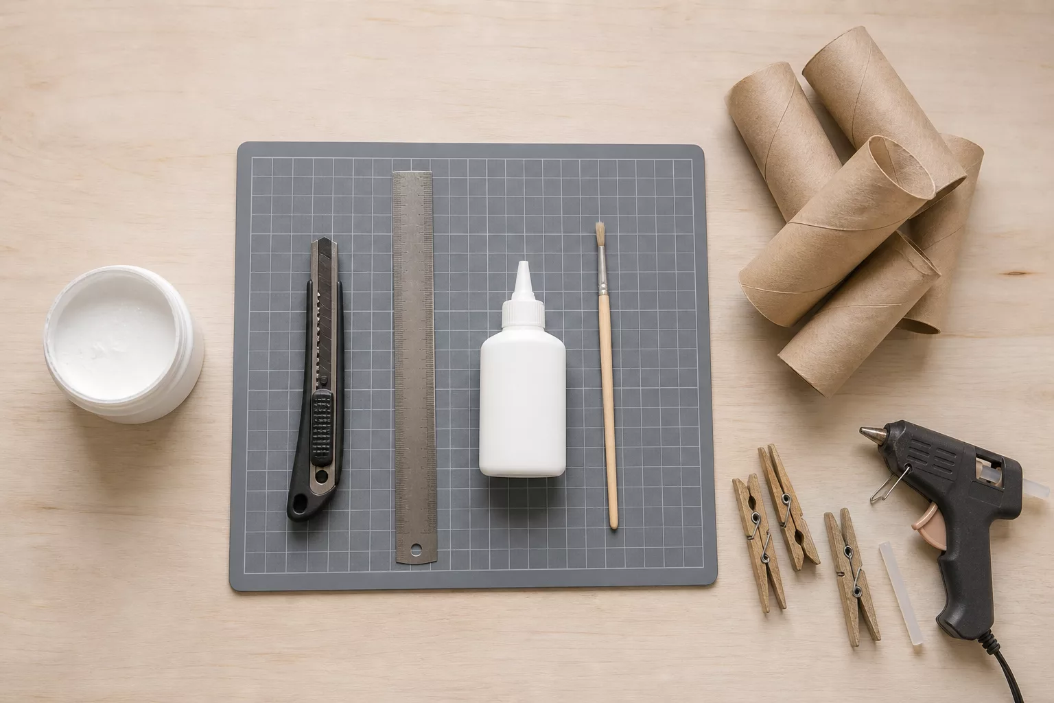 Material für Klorollen-Basteln: Cutter, Lineal, Weißleim, Rollen