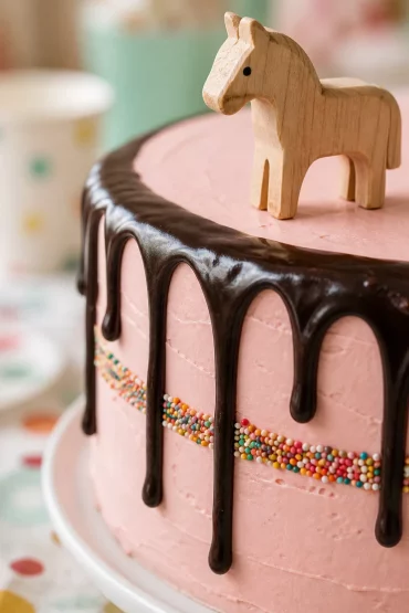 Nahaufnahme Schoko-Drip und Streuselrand mit kleiner Spielfigur