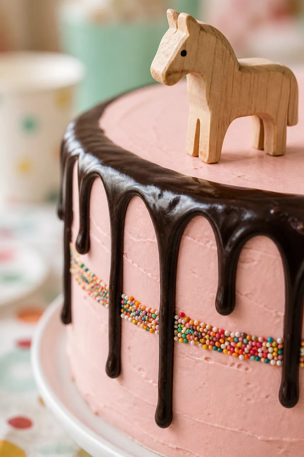 Nahaufnahme Schoko-Drip und Streuselrand mit kleiner Spielfigur