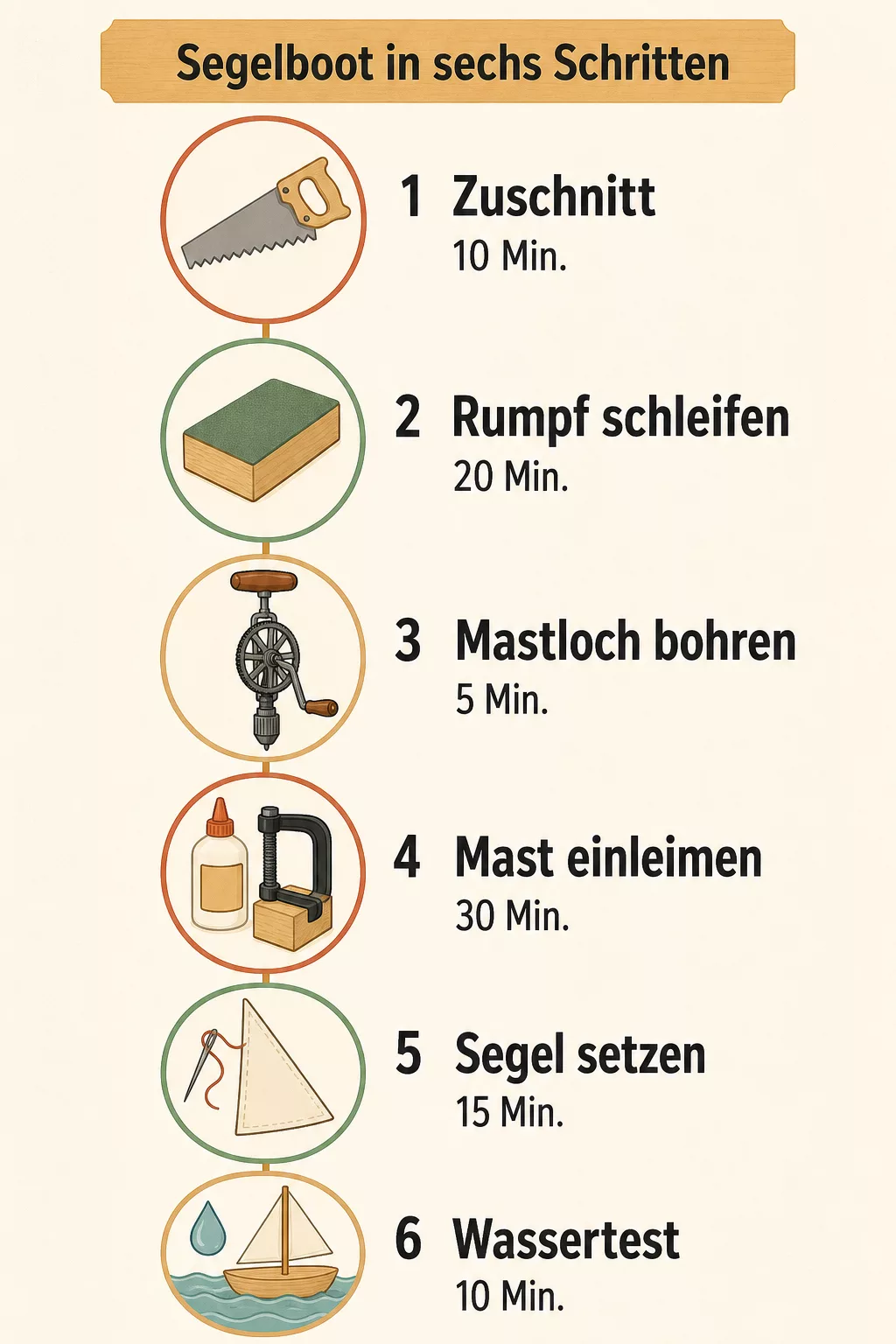 Infografik: Segelboot aus Holz in sechs Schritten bauen
