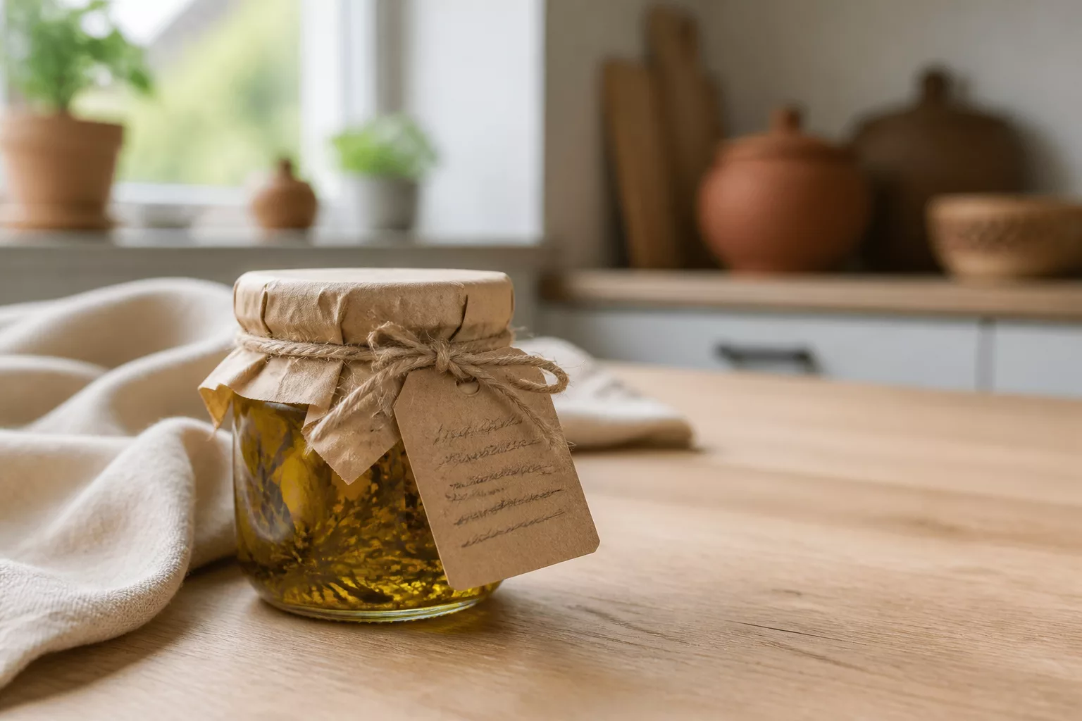 Verpacktes Glasgeschenk mit handbeschriftetem Kärtchen auf Tisch