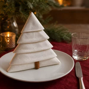 Servietten falten Weihnachten: gefalteter Tannenbaum auf festlich gedeckter Tafel