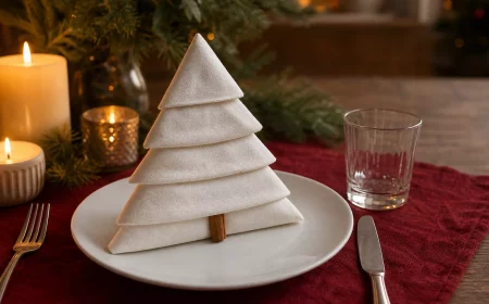 Servietten falten Weihnachten: gefalteter Tannenbaum auf festlich gedeckter Tafel