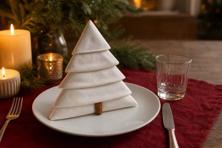 Servietten falten Weihnachten: gefalteter Tannenbaum auf festlich gedeckter Tafel