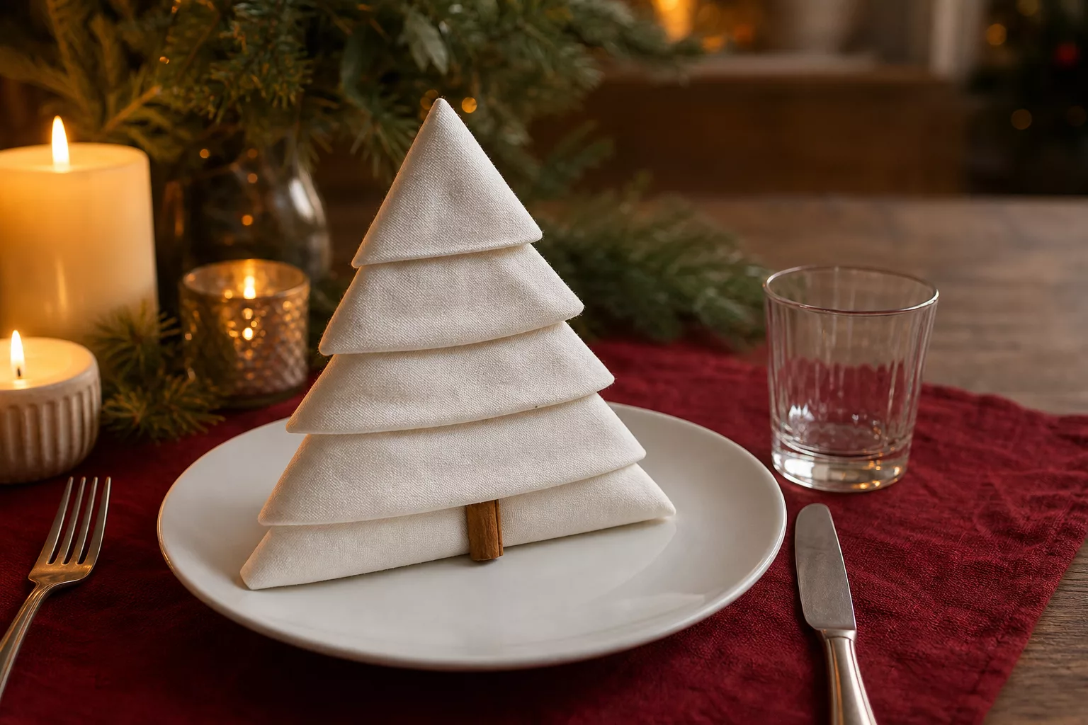 Servietten falten Weihnachten: gefalteter Tannenbaum auf festlich gedeckter Tafel