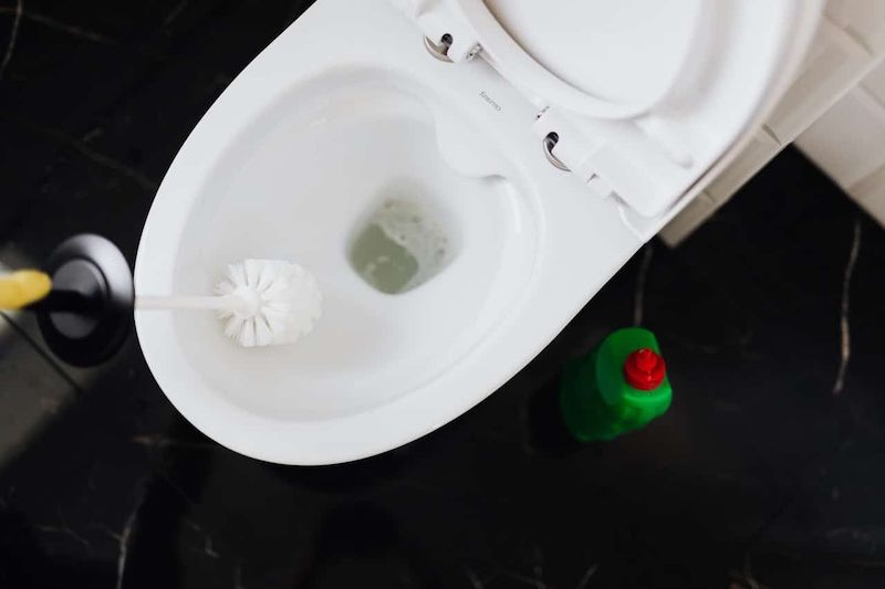 toilettenknie reinigen mit einer bürste und reinigungsmittel
