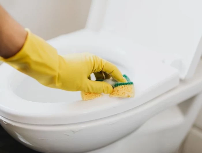 toilettensitz reinigen mit hausmitteln schwamm und handschuhen