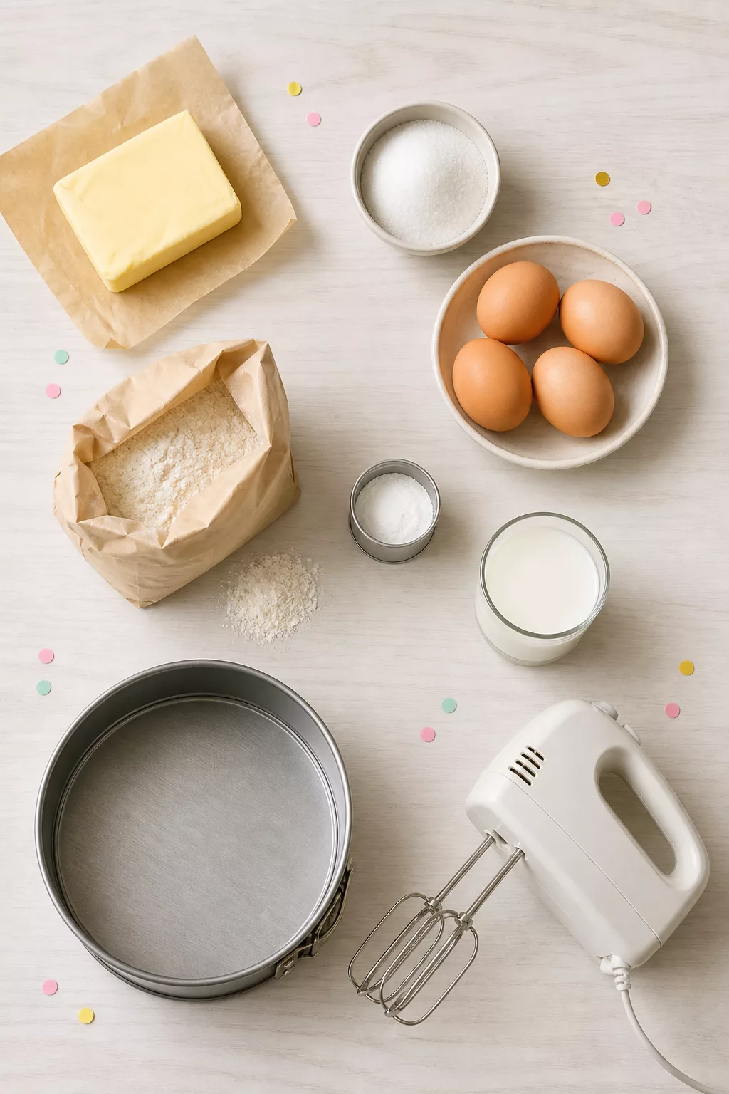 Zutaten für Tortenboden und Buttercreme von oben auf Arbeitsplatte