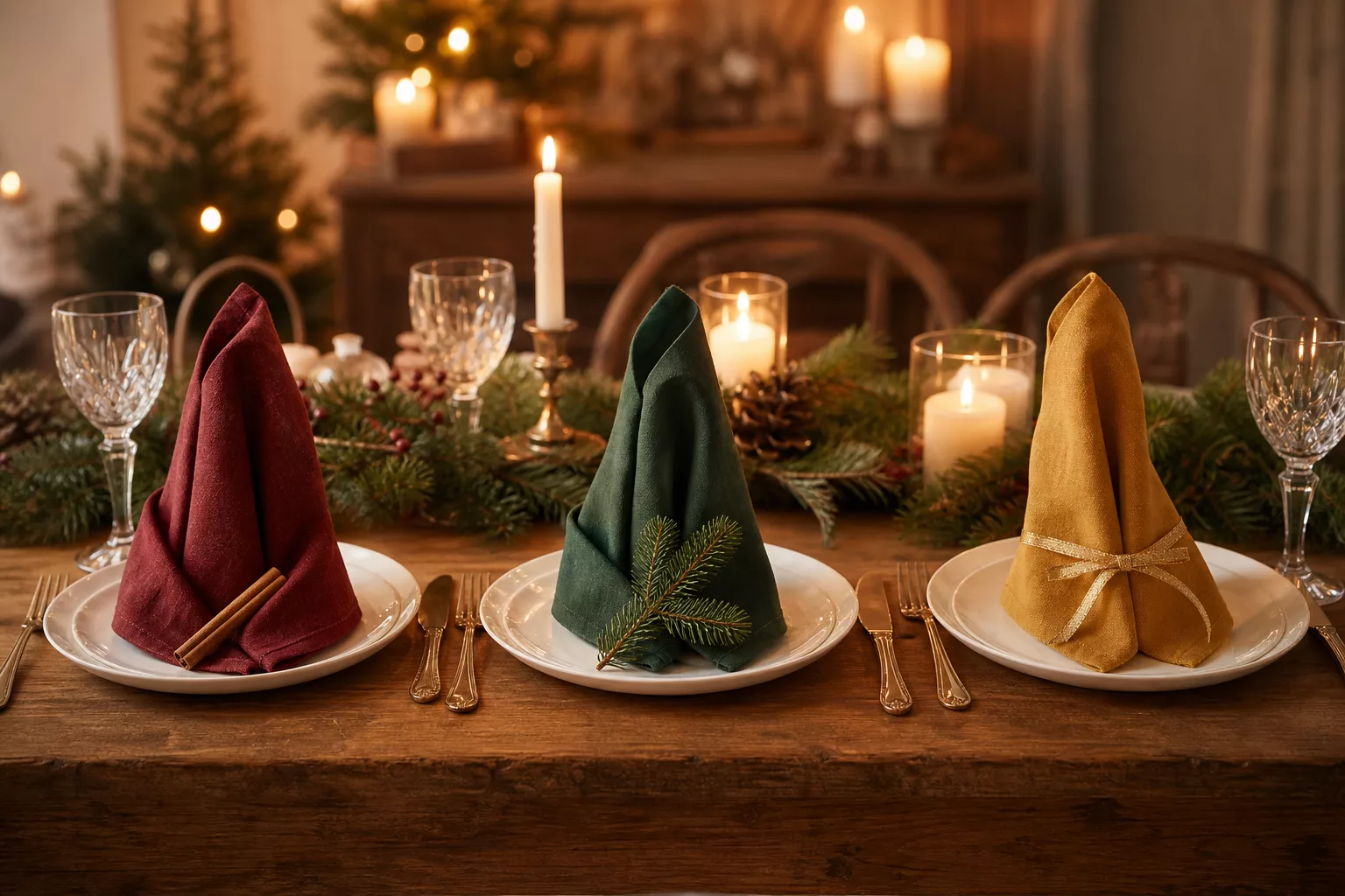 Weihnachtstisch mit Servietten in Grün, Rot und Gold als Farbideen