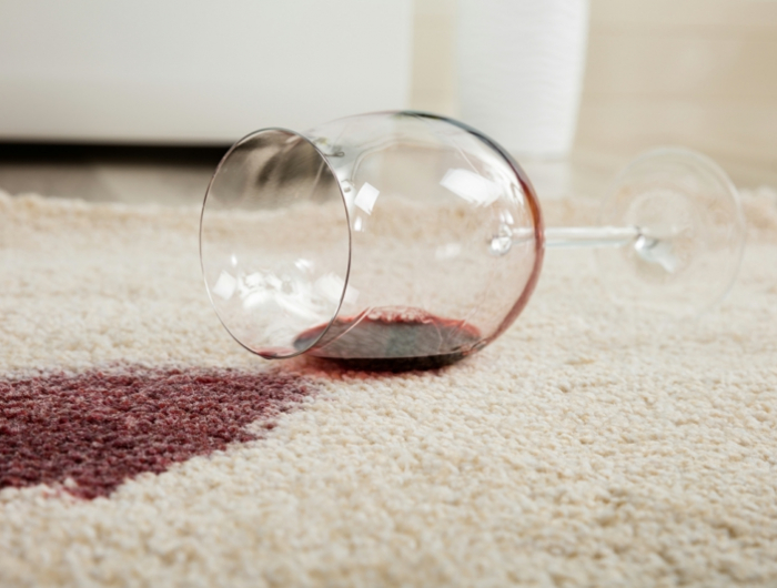 red wine spilled from glass on carpet