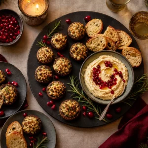 Festliche Vorspeisen für Weihnachten, angerichtet mit Kerzenlicht