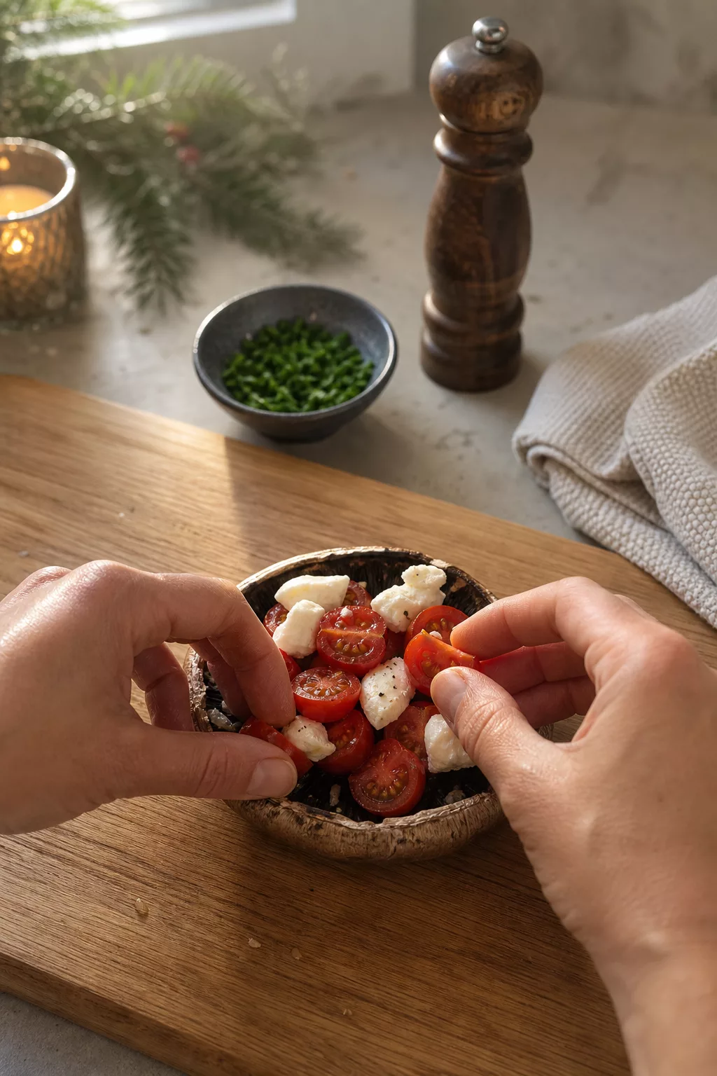 Hände füllen Portobello-Pilze für die Weihnachts-Vorspeise