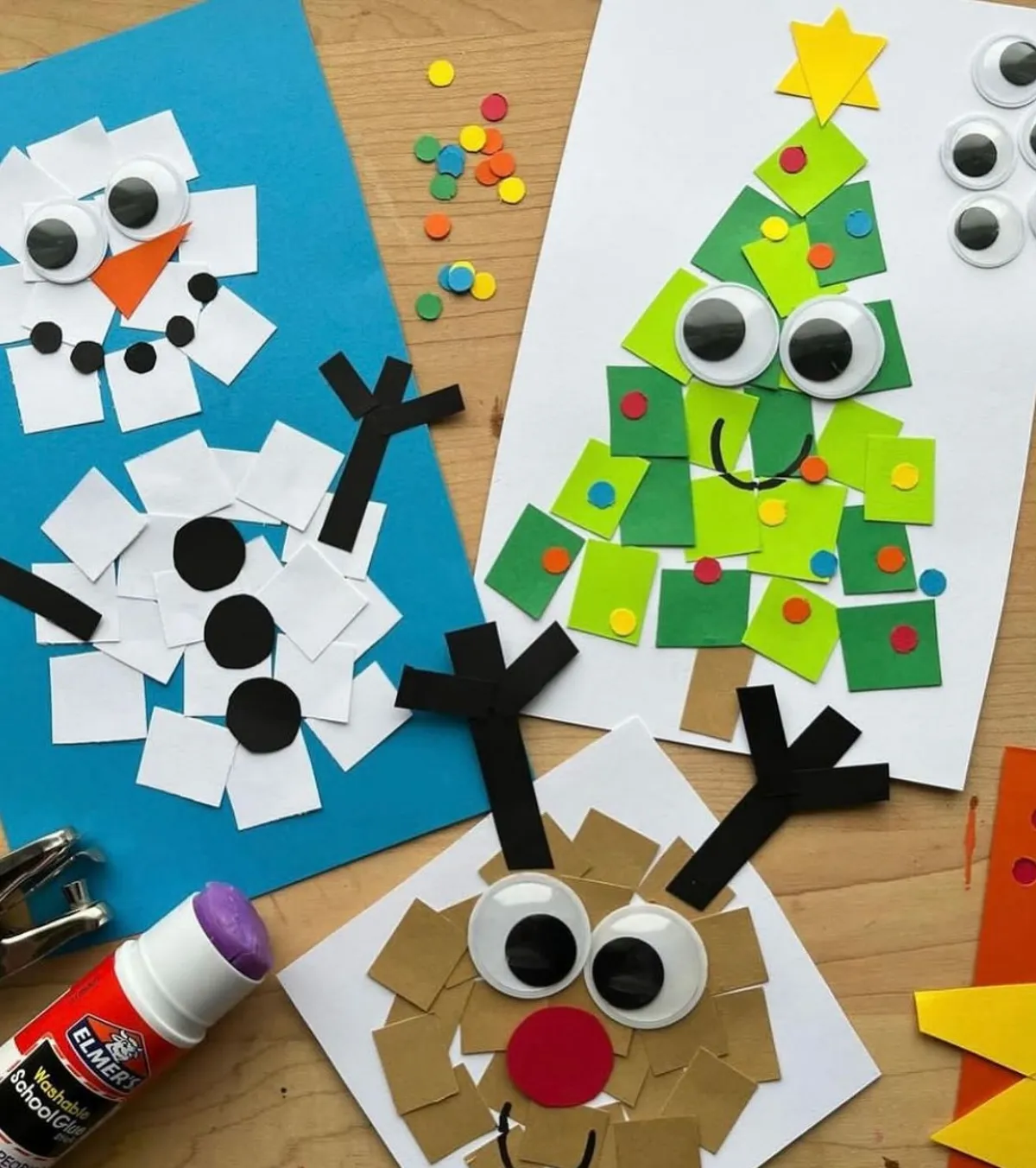 weihnachtsbasteln ideen für kinder schneemann tanenbaum aus stückchen papier