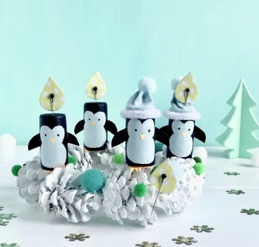 weihnachtsbasteln mit kindern diy adventskranz mit kleinen pinguinen