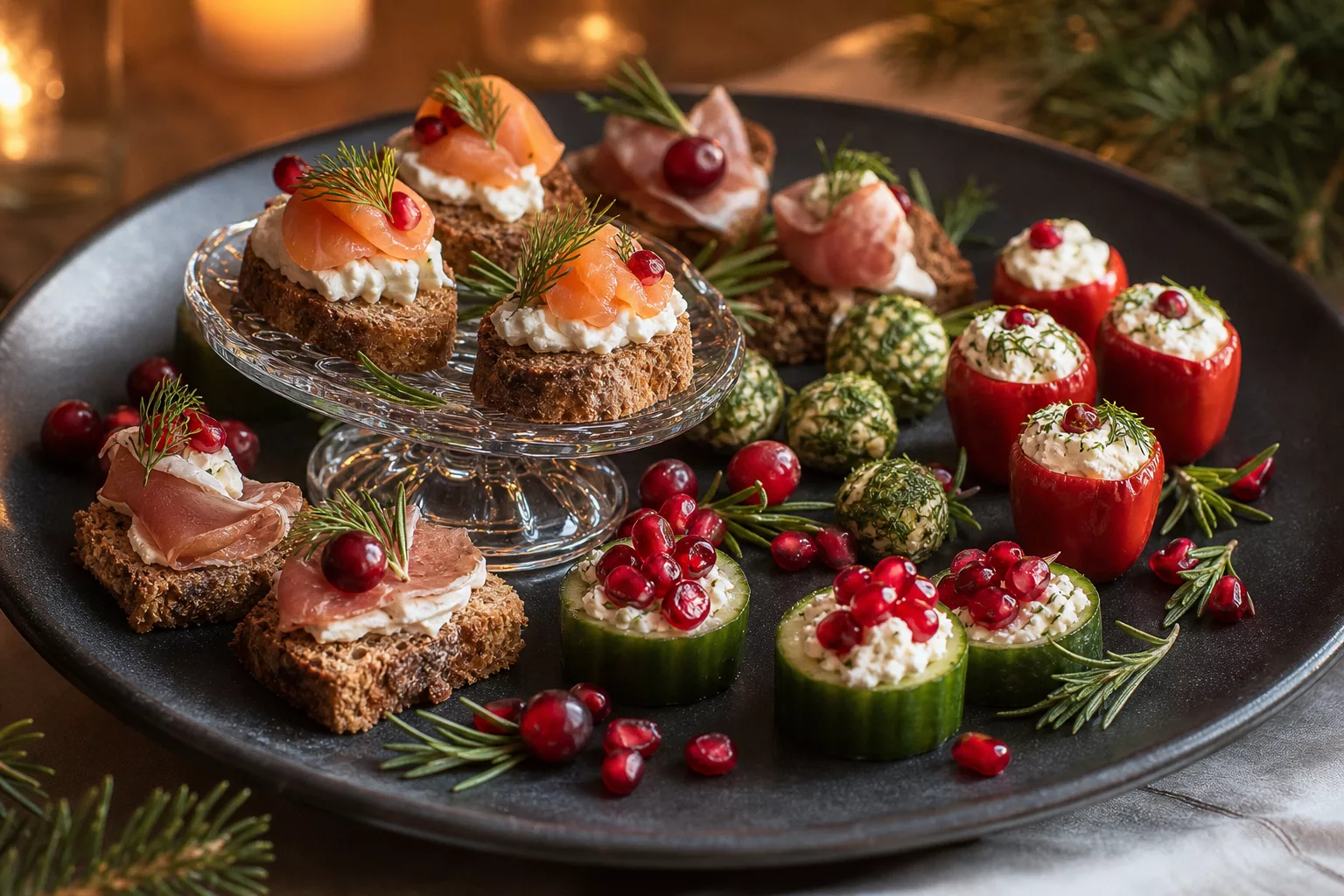 Weihnachtliche Vorspeisenplatte in Rot und Grün angerichtet