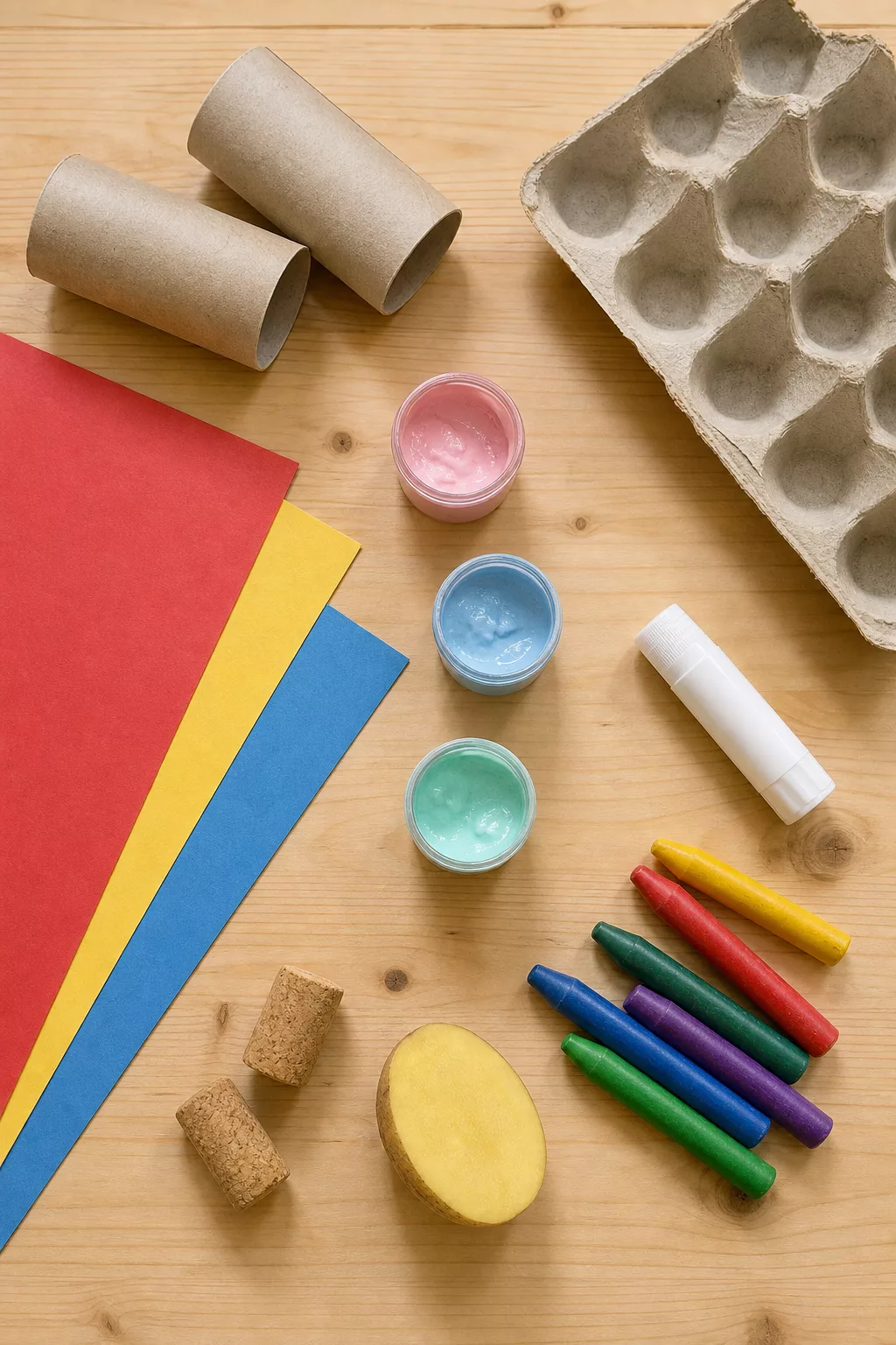 Materialkiste für Kleinkinder: Klorollen, Tonpapier, Wachsmalblöcke, Fingerfarbe