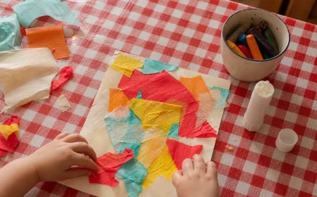 Basteln mit Kleinkindern: bunte Reißcollage auf dem Küchentisch