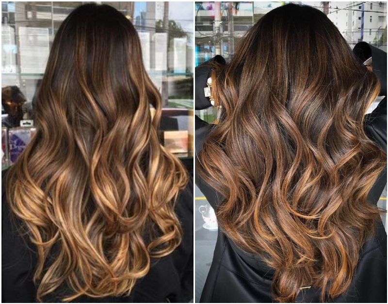 braune haare mit karamell highlights lang und gewellt