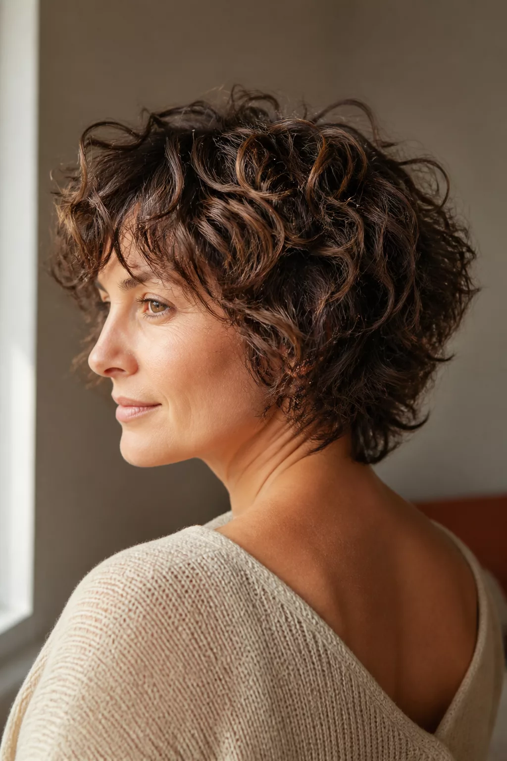 Frau mit kurzen Naturlocken im Short Curly Shag, Dreiviertelansicht