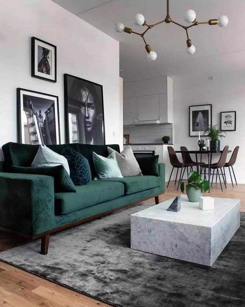deko nach weihnachten deko winter wohnzimmer ideen 2022 was ist winterdeko wohnzimmer smaragdgrünes sofa marmortisch