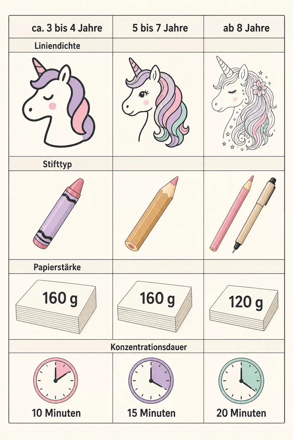 Infografik: passende Stifte und Papier nach Alter für Einhorn-Ausmalbilder