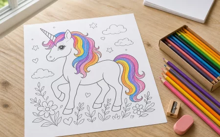 Ausmalbilder Einhorn: halb koloriertes Einhorn-Motiv mit Regenbogenmähne und Buntstiften