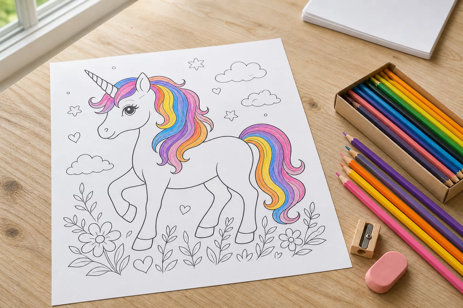 Ausmalbilder Einhorn: halb koloriertes Einhorn-Motiv mit Regenbogenmähne und Buntstiften