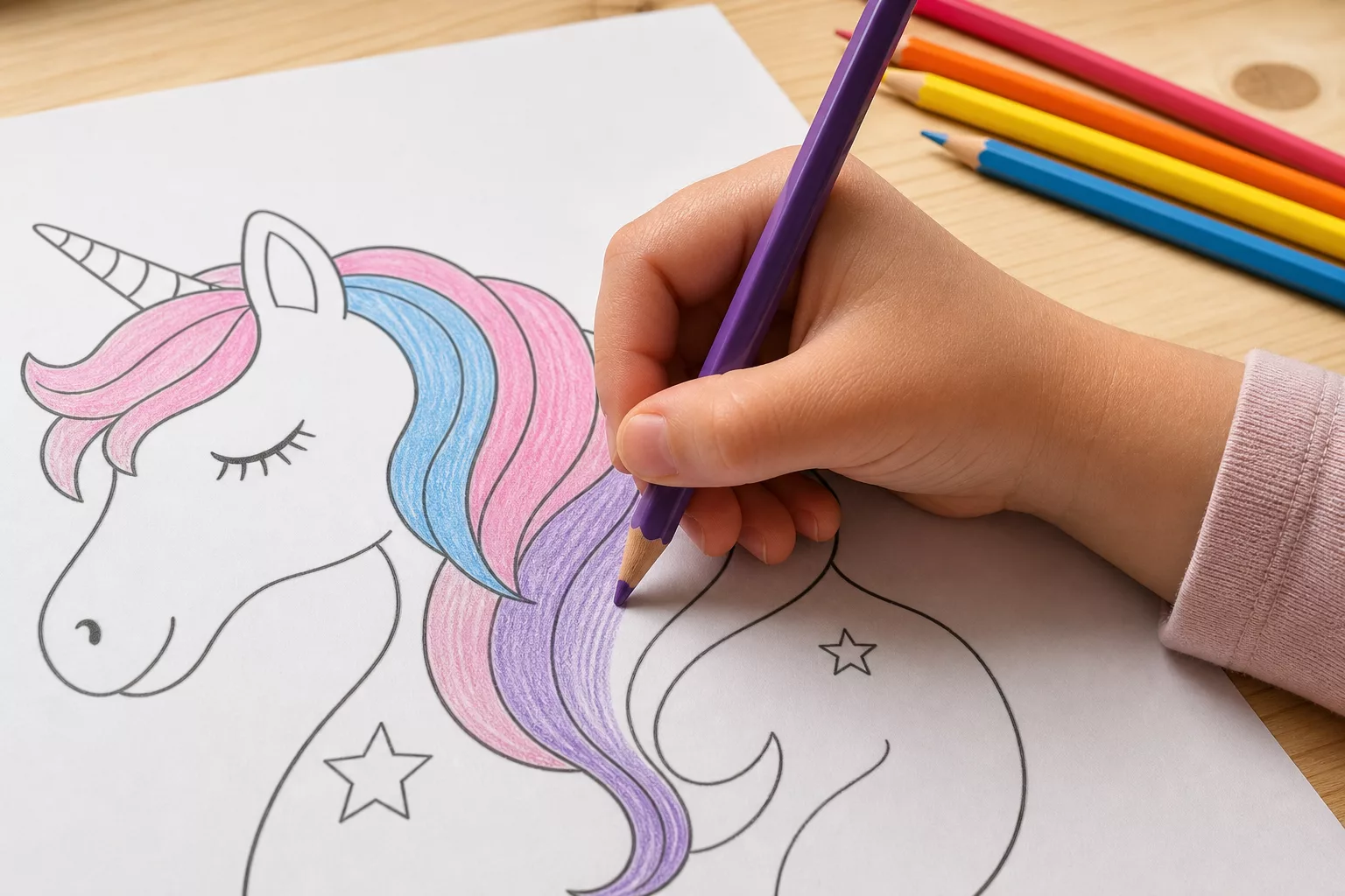 Kinderhand koloriert die Regenbogenmähne eines Einhorns mit Buntstift