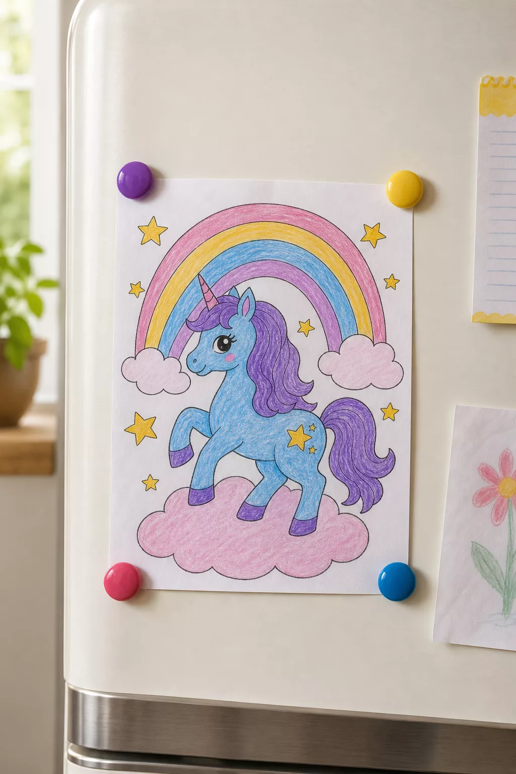 Fertig ausgemaltes Einhorn-Bild mit bunten Magneten an der Kühlschranktür