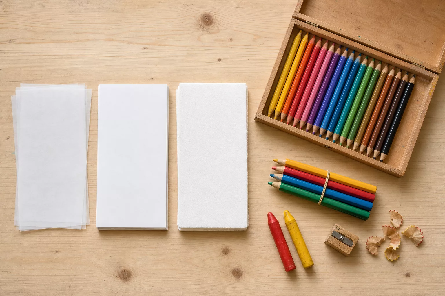 Verschiedene Papierstärken, Buntstifte und Wachsmaler für den Ausdruck bereitgelegt
