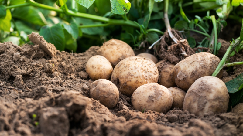 fresh,organic,potatoes,in,the,field,harvesting,potatoes,from,soil.
