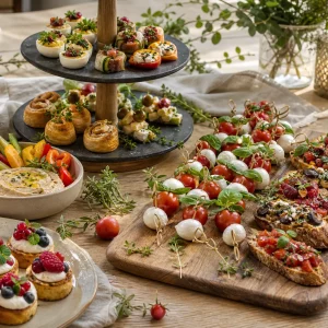 Fingerfood-Ideen als Buffet: bunte Häppchen aus mehreren Kategorien