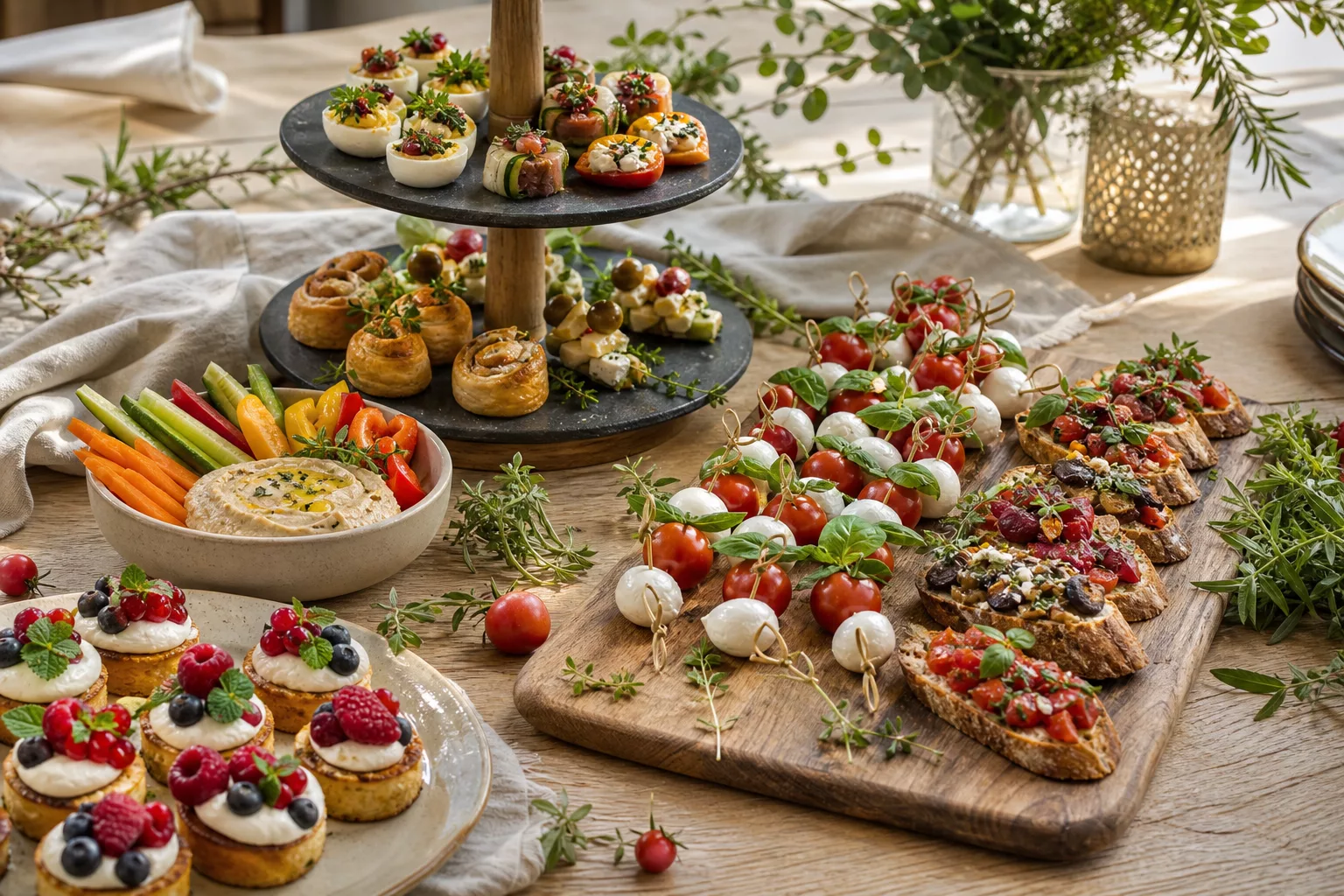 Fingerfood-Ideen als Buffet: bunte Häppchen aus mehreren Kategorien