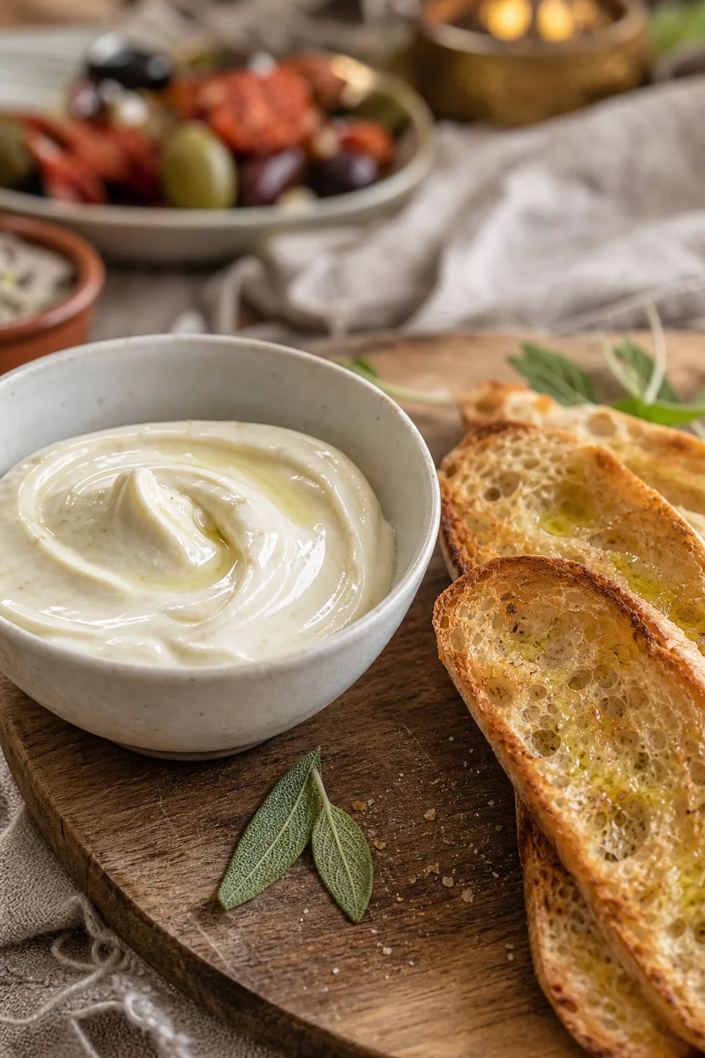 Cremiger Dip neben knusprig geröstetem Bruschetta-Brot