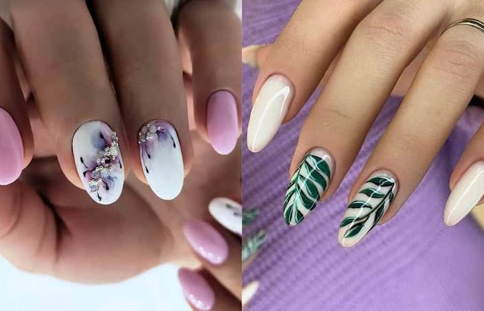 nageldesign sommer 2022 bunte nägel collage lila nagellack mit marmor effekt nägel in mandelform wieß grün