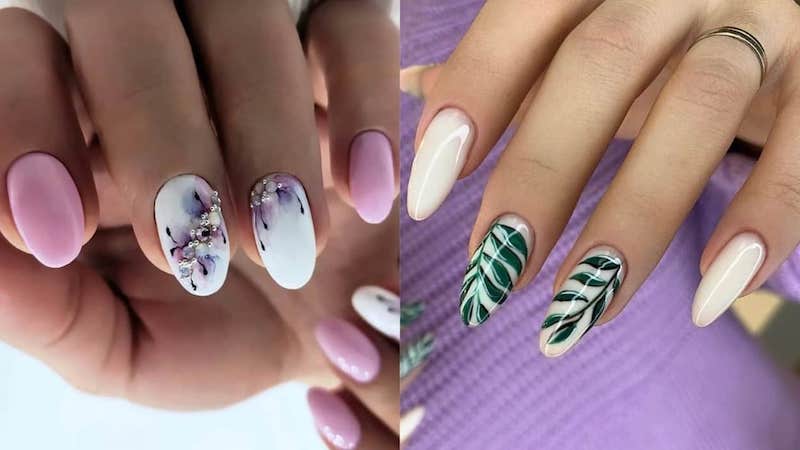 nageldesign sommer 2022 bunte nägel collage lila nagellack mit marmor effekt nägel in mandelform wieß grün