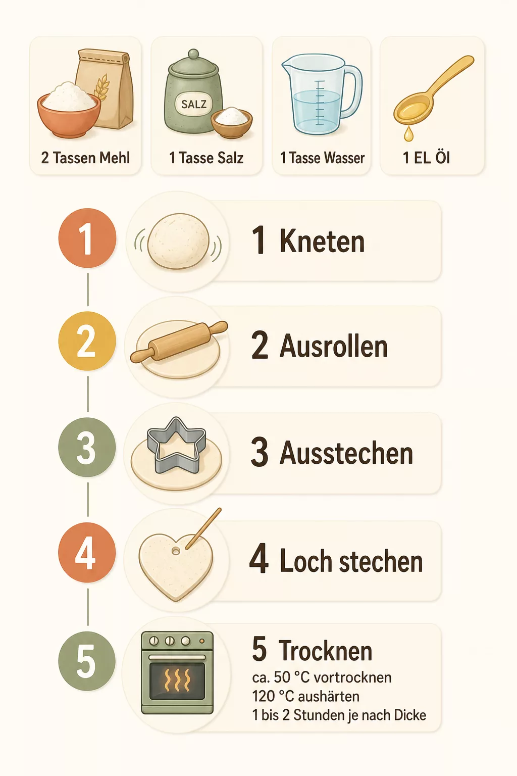 Infografik: Salzteig-Schrittplan in fünf Schritten mit Trocknungszeiten
