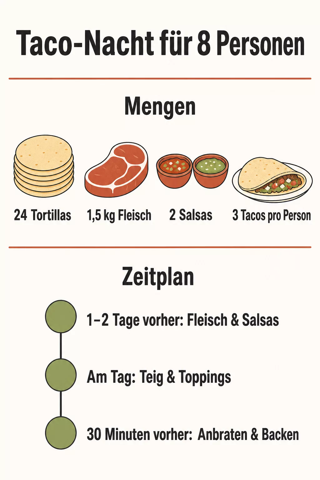 Infografik: Mengen und Zeitplan für eine Taco-Nacht mit 8 Personen