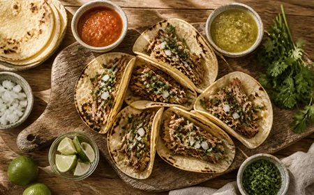 Tacos selber machen: weiche Maistortillas, Limette und Salsa auf dem Tisch