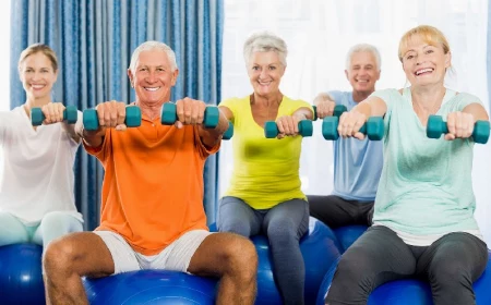 seniors using exercise ball and weights