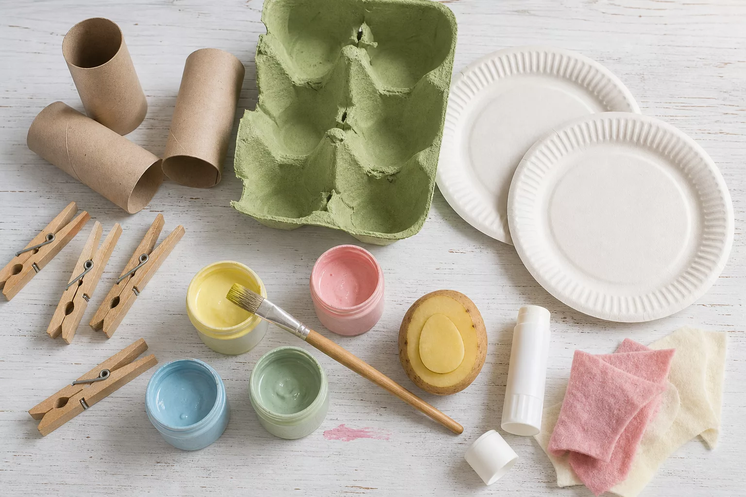 Bastelmaterial für Ostern von oben: Klopapierrollen, Eierkarton, Farbe, Kleber