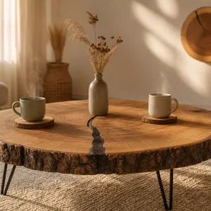 Baumscheiben Deko im Wohnzimmer: Couchtisch, Untersetzer und Wandscheibe